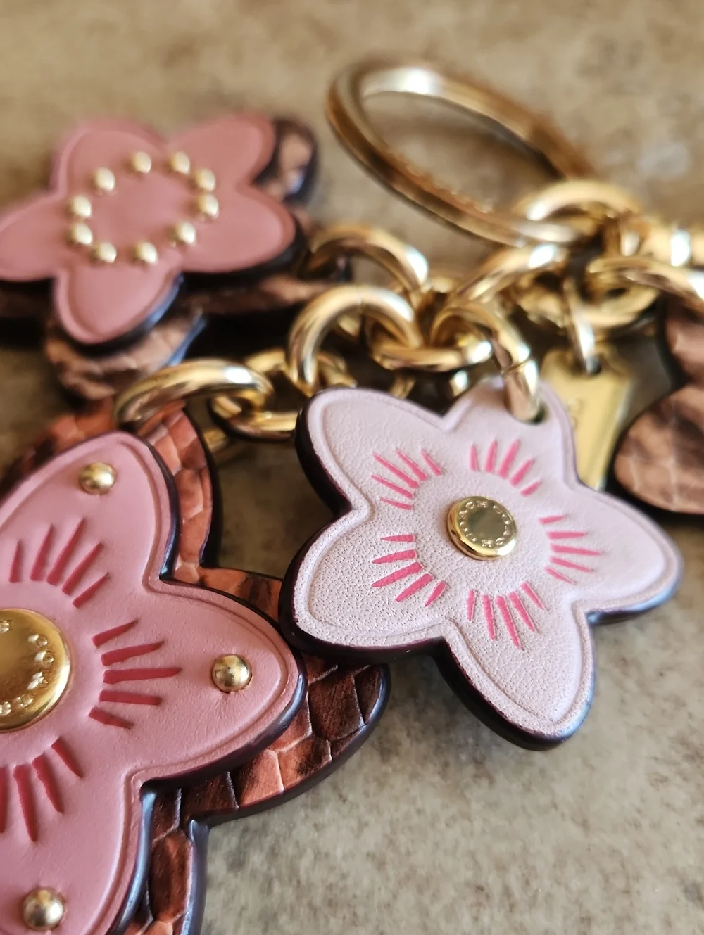 COACH Wildflower Pink Floral Leather Key/purse Charm with Gold Hardware